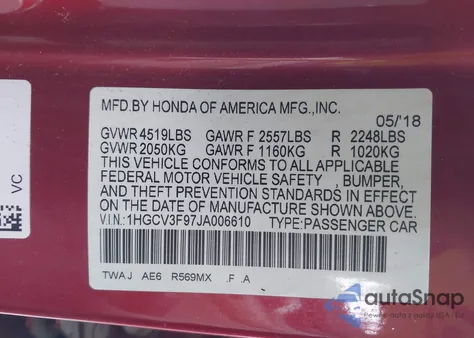 2018 Honda Accord Hybrid Touring from USA, damaged, VIN 1HGCV3F97JA006610